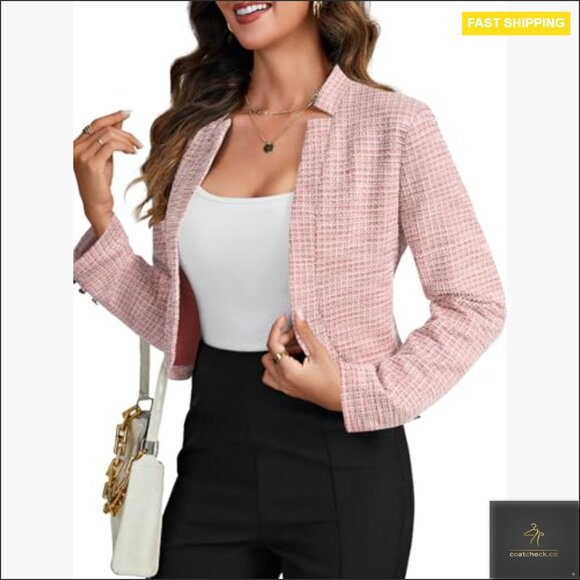 Tweed Plaid Cropped Blazer Open Front Stand Collar Work Office Jacket - Picture 4 of 7